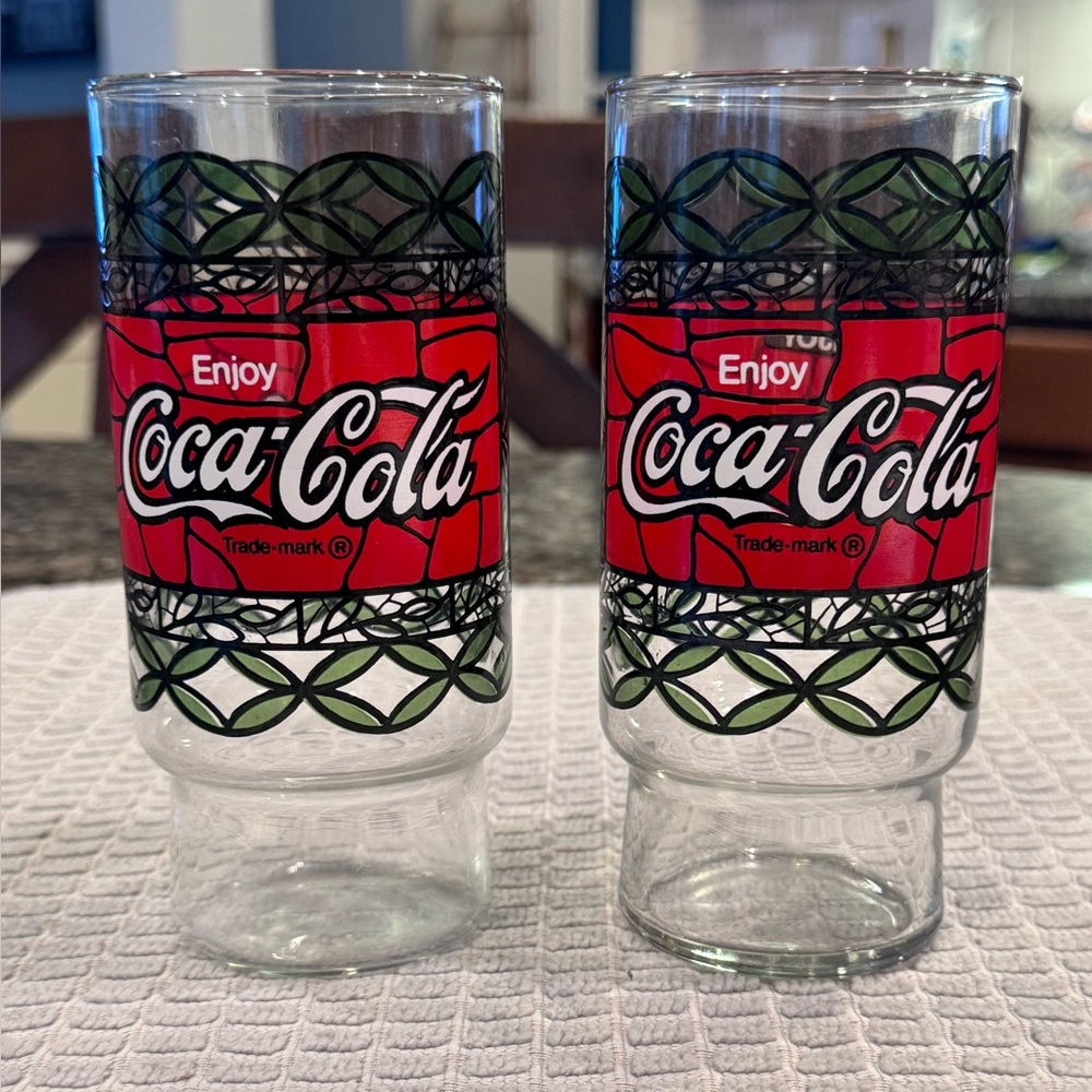 2 VTG Coca Cola Glass Tumblers Red Logo Pudgies Pizza Libby Glasses Retro Soda